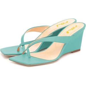 imageFSJ Women Casual Flip Flop Slide Mule Shoes Square Open Toe Thong Sandal Summer Wedge High Heel Size 415 USTurquoise
