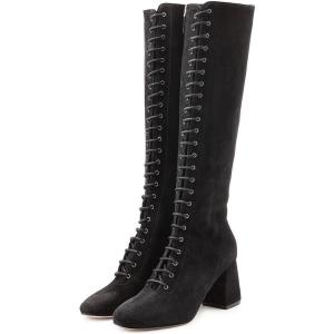 imageFSJ Women Fashion Round Toe Chunky Block Heel Knee High Riding Boots Laces Dress Shoes Size 415 USBlack