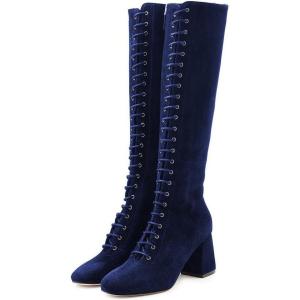 imageFSJ Women Fashion Round Toe Chunky Block Heel Knee High Riding Boots Laces Dress Shoes Size 415 USBlue
