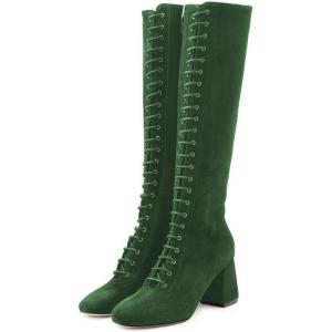 imageFSJ Women Fashion Round Toe Chunky Block Heel Knee High Riding Boots Laces Dress Shoes Size 415 USEmerald