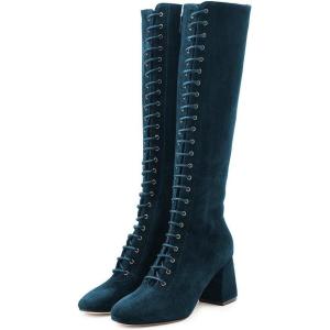 imageFSJ Women Fashion Round Toe Chunky Block Heel Knee High Riding Boots Laces Dress Shoes Size 415 USGreen