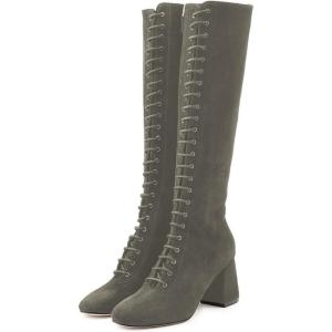 imageFSJ Women Fashion Round Toe Chunky Block Heel Knee High Riding Boots Laces Dress Shoes Size 415 USGrey