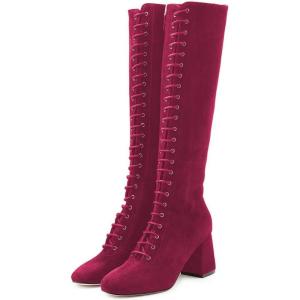 imageFSJ Women Fashion Round Toe Chunky Block Heel Knee High Riding Boots Laces Dress Shoes Size 415 USPink
