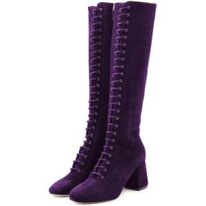 imageFSJ Women Fashion Round Toe Chunky Block Heel Knee High Riding Boots Laces Dress Shoes Size 415 USPurple