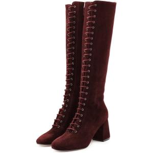 imageFSJ Women Fashion Round Toe Chunky Block Heel Knee High Riding Boots Laces Dress Shoes Size 415 USWine