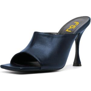 imageFSJ Women Fashion Spool Heel Mules Squared Open Toe Comfortable Slip On Mid High Heels Sandals Casual Evening Party Shoes Size 415 USMidnight Blue