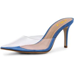 imageFSJ Women Slip On Mid High Heeled Mules Slipper Closed Pointed Toe Sandals Slides Dress Shoes Size 415 USBlue Clear