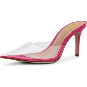 imageFSJ Women Slip On Mid High Heeled Mules Slipper Closed Pointed Toe Sandals Slides Dress Shoes Size 415 USFuchsia Clear