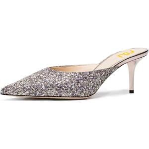 imageFSJ Women Slip On Mid High Heeled Mules Slipper Closed Pointed Toe Sandals Slides Dress Shoes Size 415 USGlitter