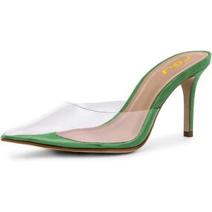imageFSJ Women Slip On Mid High Heeled Mules Slipper Closed Pointed Toe Sandals Slides Dress Shoes Size 415 USGreen Clear