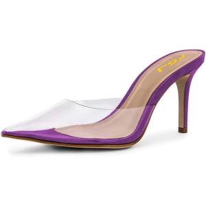 imageFSJ Women Slip On Mid High Heeled Mules Slipper Closed Pointed Toe Sandals Slides Dress Shoes Size 415 USPurple Clear