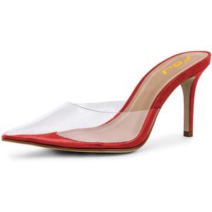 imageFSJ Women Slip On Mid High Heeled Mules Slipper Closed Pointed Toe Sandals Slides Dress Shoes Size 415 USRed Clear