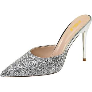 imageFSJ Women Slip On Mid High Heeled Mules Slipper Closed Pointed Toe Sandals Slides Dress Shoes Size 415 USSilver Glitter