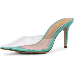 imageFSJ Women Slip On Mid High Heeled Mules Slipper Closed Pointed Toe Sandals Slides Dress Shoes Size 415 USTurquoise Clear