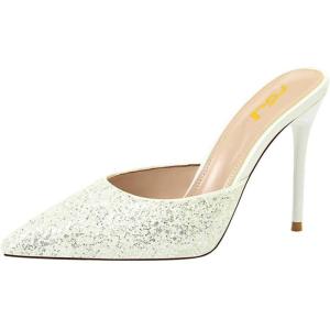 imageFSJ Women Slip On Mid High Heeled Mules Slipper Closed Pointed Toe Sandals Slides Dress Shoes Size 415 USWhite Glitter