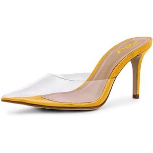 imageFSJ Women Slip On Mid High Heeled Mules Slipper Closed Pointed Toe Sandals Slides Dress Shoes Size 415 USYellow Clear