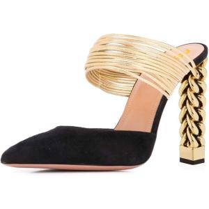 imageFSJ Women Strappy Golden Chunky High Heels Mules Fashion Pointy Toe Pumps Slip On Evening Party Shoes Size 415 USBlack