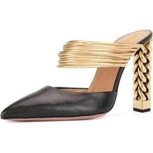 imageFSJ Women Strappy Golden Chunky High Heels Mules Fashion Pointy Toe Pumps Slip On Evening Party Shoes Size 415 USBlack Matte