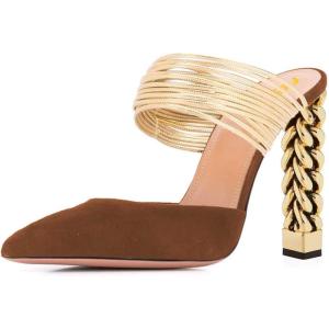 imageFSJ Women Strappy Golden Chunky High Heels Mules Fashion Pointy Toe Pumps Slip On Evening Party Shoes Size 415 USBrown