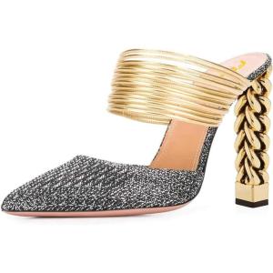 imageFSJ Women Strappy Golden Chunky High Heels Mules Fashion Pointy Toe Pumps Slip On Evening Party Shoes Size 415 USDark Grey