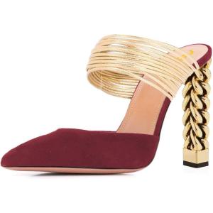 imageFSJ Women Strappy Golden Chunky High Heels Mules Fashion Pointy Toe Pumps Slip On Evening Party Shoes Size 415 USDark Red