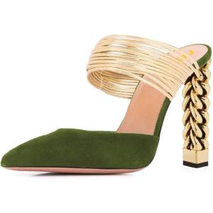 imageFSJ Women Strappy Golden Chunky High Heels Mules Fashion Pointy Toe Pumps Slip On Evening Party Shoes Size 415 USGreen