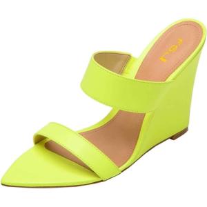 imageFSJ Women Fashion Open Toe Wedge Sandals High Heels Mules Double Straps Slip On Party Shoes Size 415 USLime Green