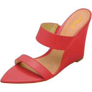 imageFSJ Women Fashion Open Toe Wedge Sandals High Heels Mules Double Straps Slip On Party Shoes Size 415 USRed