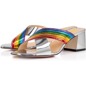 imageFSJ Women Fashion Rainbow Slipon Mules Open Toe Crisscross Strappy Slide Slipper Chunky Mid Heel Patent Leather Sandals Ladies Girls Party Prom Dress Shoes Size 415 USSilver