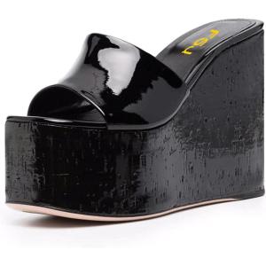 imageFSJ Women Open Toe Slide Wedge Sandals Platform Summer Casual High Heels Formal Outfit Shoes Size US 412Black