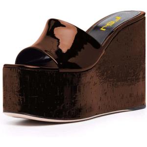 imageFSJ Women Open Toe Slide Wedge Sandals Platform Summer Casual High Heels Formal Outfit Shoes Size US 412Brown