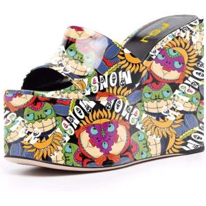 imageFSJ Women Open Toe Slide Wedge Sandals Platform Summer Casual High Heels Formal Outfit Shoes Size US 412Cartoon