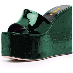 imageFSJ Women Open Toe Slide Wedge Sandals Platform Summer Casual High Heels Formal Outfit Shoes Size US 412Green