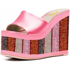 imageFSJ Women Open Toe Slide Wedge Sandals Platform Summer Casual High Heels Formal Outfit Shoes Size US 412Pink