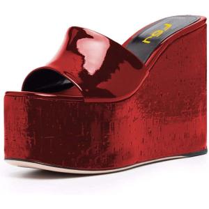 imageFSJ Women Open Toe Slide Wedge Sandals Platform Summer Casual High Heels Formal Outfit Shoes Size US 412Red