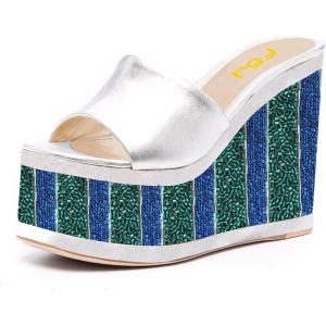 imageFSJ Women Open Toe Slide Wedge Sandals Platform Summer Casual High Heels Formal Outfit Shoes Size US 412Silver