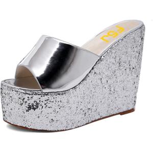 imageFSJ Women Open Toe Slide Wedge Sandals Platform Summer Casual High Heels Formal Outfit Shoes Size US 412Silver Sequins
