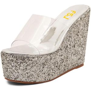 imageFSJ Women Open Toe Slide Wedge Sandals Platform Summer Casual High Heels Formal Outfit Shoes Size US 412Silver Transparent