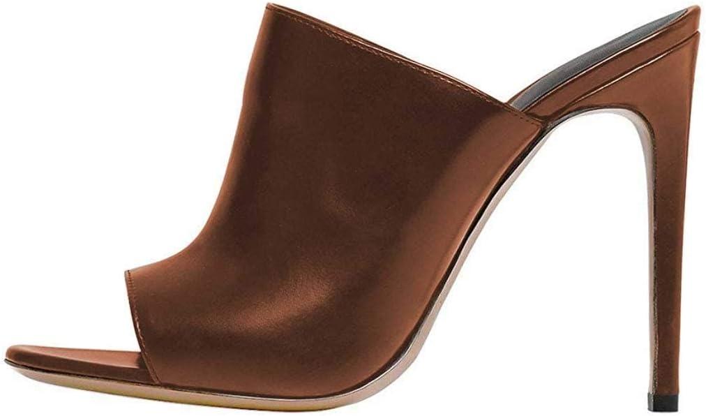 imageFSJ Wome Open Peep Toe Mule Sandals Wide Strap Slide Slippers Stiletto High Heels Slip on Backless Summer Casual Shoes 415 M USBrownpu