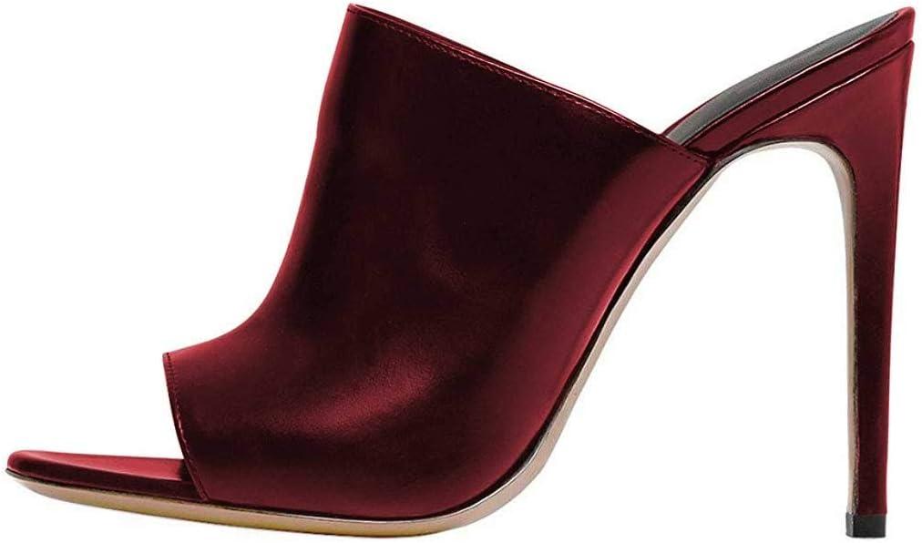 imageFSJ Wome Open Peep Toe Mule Sandals Wide Strap Slide Slippers Stiletto High Heels Slip on Backless Summer Casual Shoes 415 M USDark Redpu