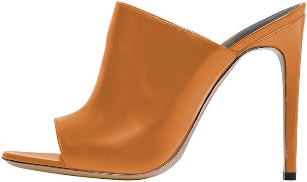 imageFSJ Wome Open Peep Toe Mule Sandals Wide Strap Slide Slippers Stiletto High Heels Slip on Backless Summer Casual Shoes 415 M USKhakipu
