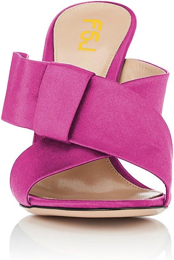 imageFSJ Women Chunky High Heels Open Toe Slide Sandals Cross Strap Summer Mules Shoe with Bows Size 415 USFuchsia