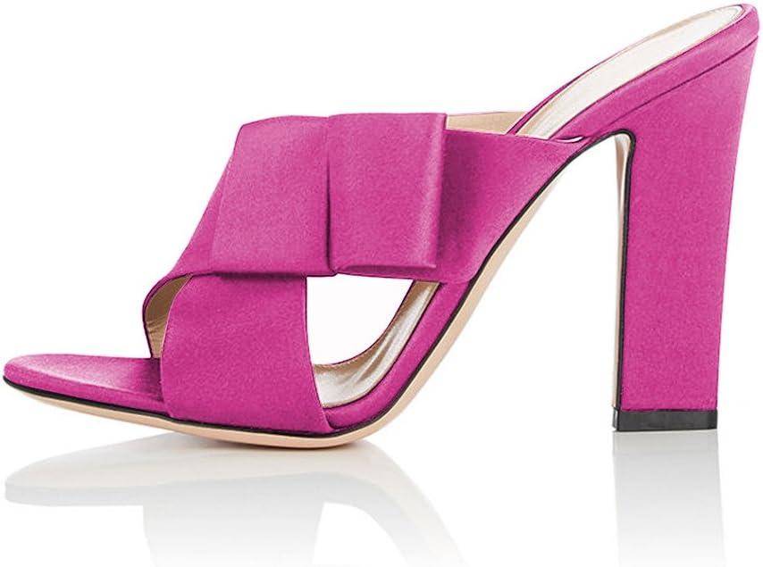 imageFSJ Women Chunky High Heels Open Toe Slide Sandals Cross Strap Summer Mules Shoe with Bows Size 415 USFuchsia
