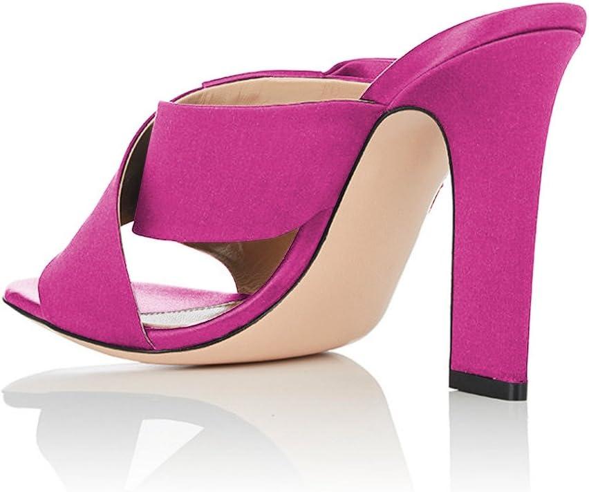 imageFSJ Women Chunky High Heels Open Toe Slide Sandals Cross Strap Summer Mules Shoe with Bows Size 415 USFuchsia