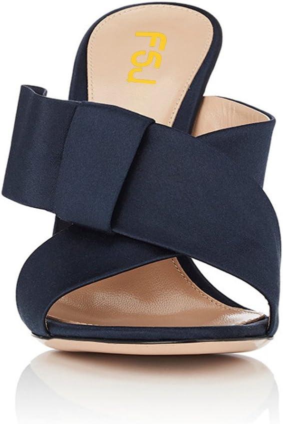 imageFSJ Women Chunky High Heels Open Toe Slide Sandals Cross Strap Summer Mules Shoe with Bows Size 415 USNavy Blue