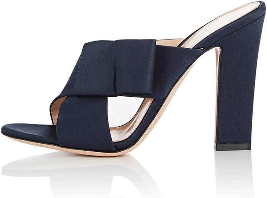 imageFSJ Women Chunky High Heels Open Toe Slide Sandals Cross Strap Summer Mules Shoe with Bows Size 415 USNavy Blue