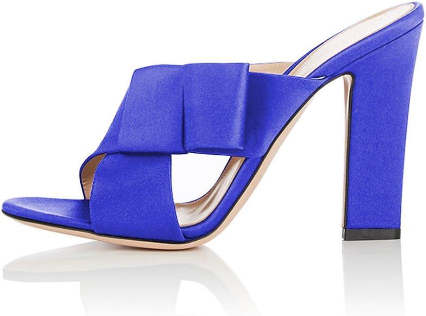 imageFSJ Women Chunky High Heels Open Toe Slide Sandals Cross Strap Summer Mules Shoe with Bows Size 415 USRoyal Blue