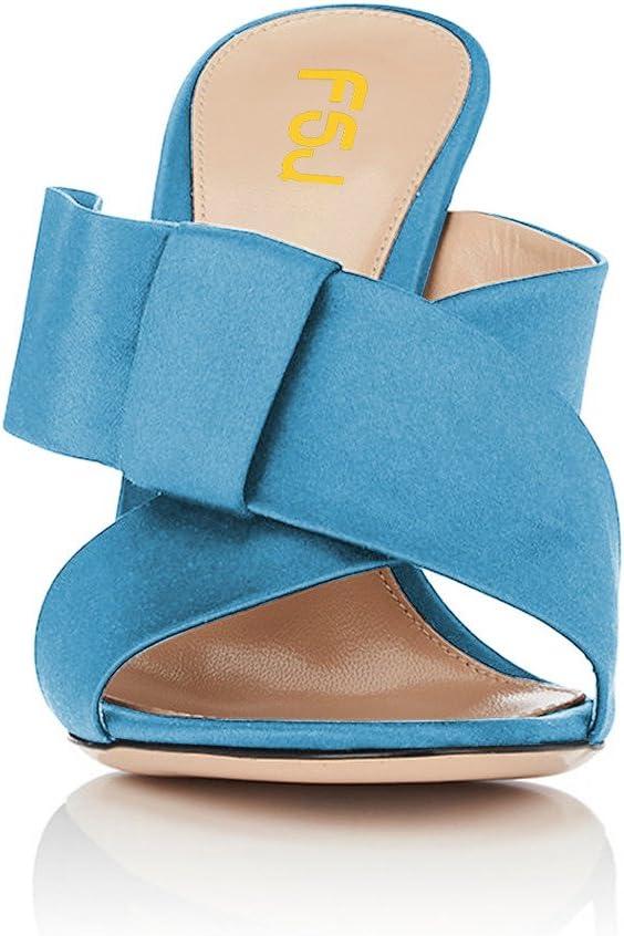 imageFSJ Women Chunky High Heels Open Toe Slide Sandals Cross Strap Summer Mules Shoe with Bows Size 415 USSky Blue