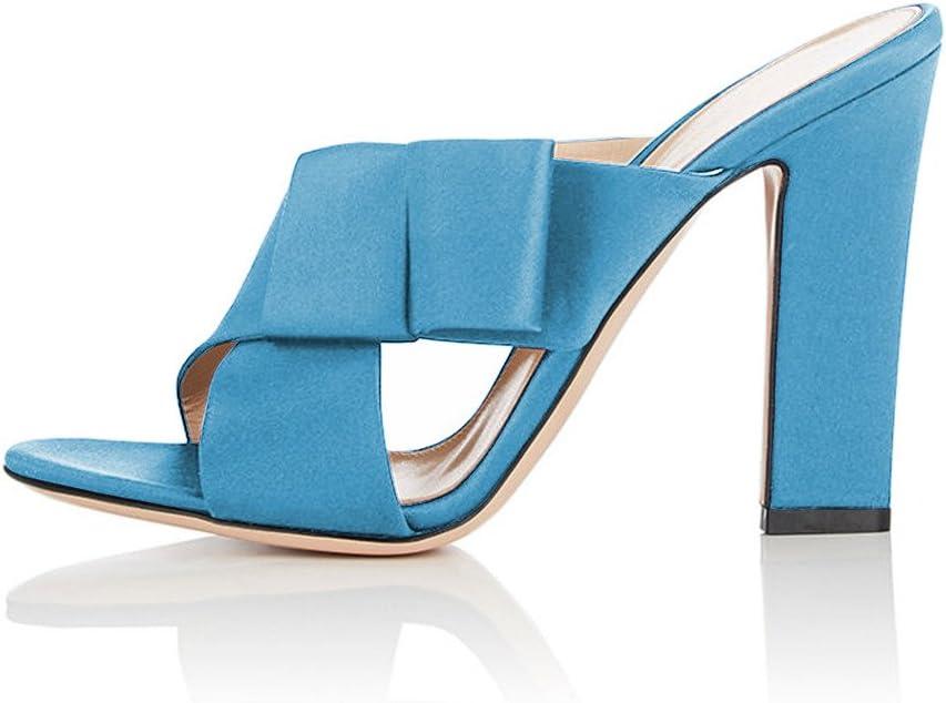 imageFSJ Women Chunky High Heels Open Toe Slide Sandals Cross Strap Summer Mules Shoe with Bows Size 415 USSky Blue