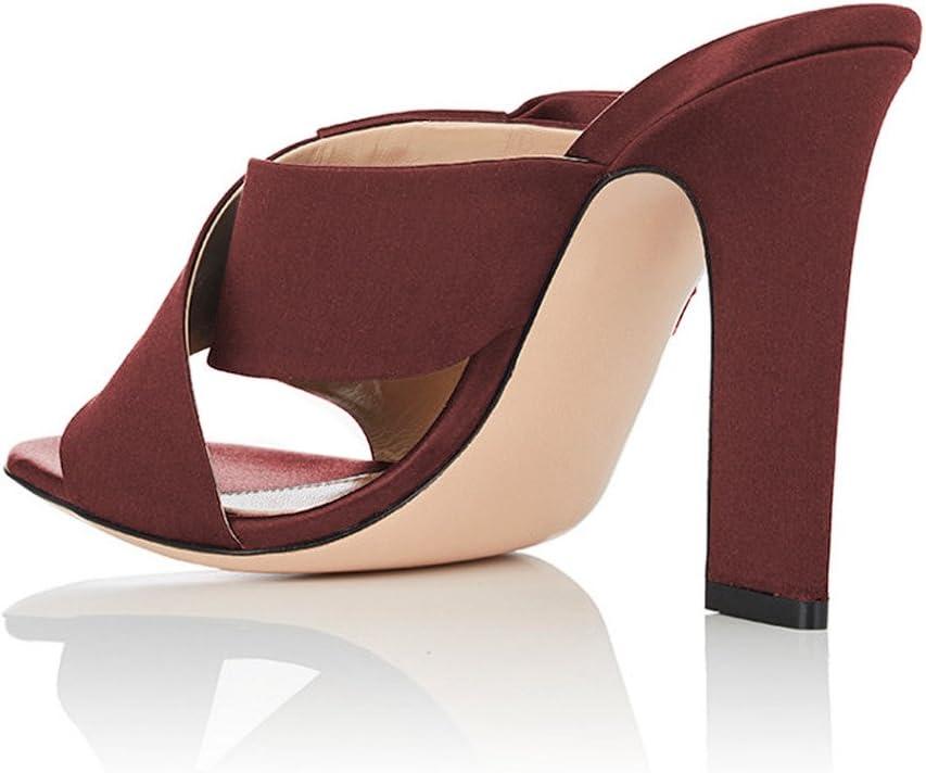 imageFSJ Women Chunky High Heels Open Toe Slide Sandals Cross Strap Summer Mules Shoe with Bows Size 415 USWine Red
